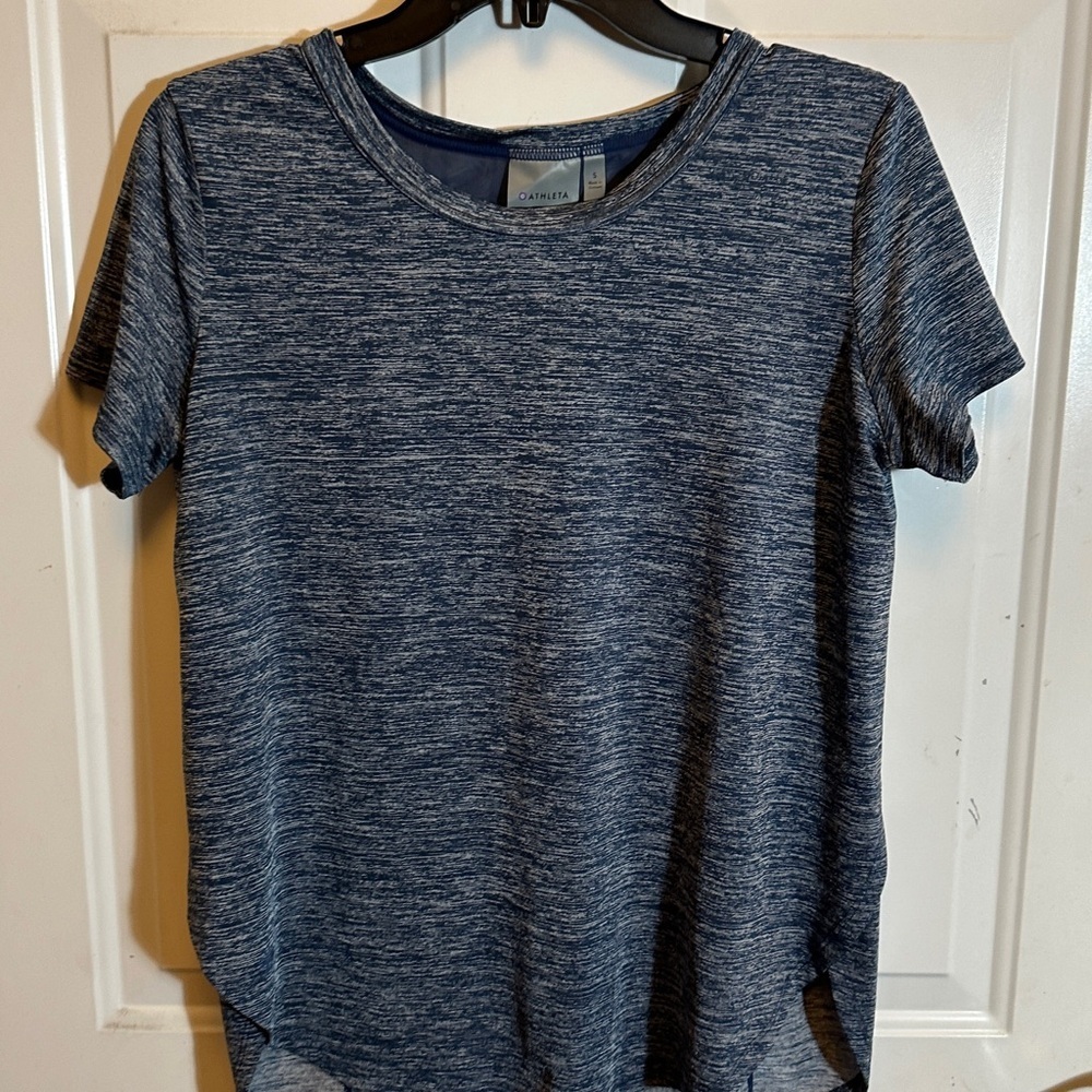 Athleta Blue Space Dye Side Split Mesh Back Short Sleeve Workout Top